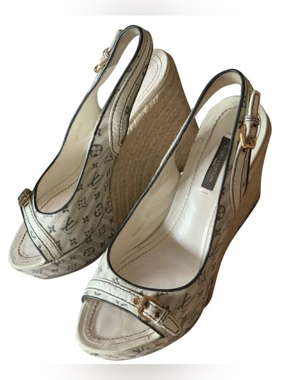 Louis Vuitton Beige Monogram Canvas Wedge Slingback Sandals